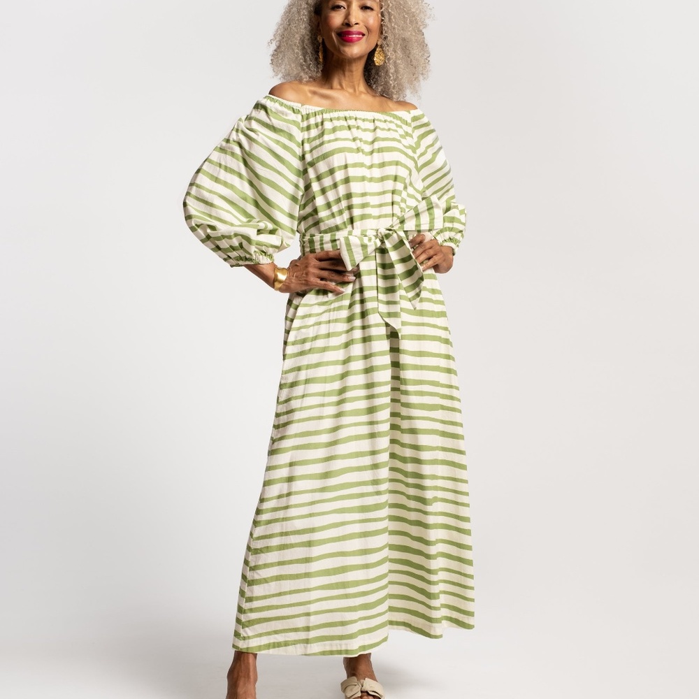 Bliss Maxi Painterly Stripe Cotton Basil White